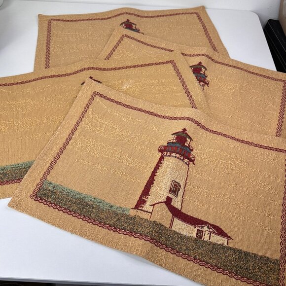 Set Of 4 Woven Lighthouse Placemats With Nautical Design 18"x12" Beige & Red - Picture 3 of 8